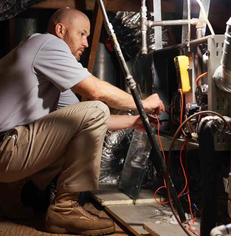 A technician works on a furnace.